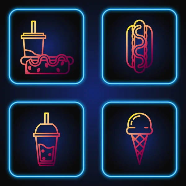 Set line Helado en cono de gofre, vaso de limonada con paja para beber, vaso de papel con paja para beber y hot dog y sándwich de Hotdog con mostaza. Iconos de color degradado. Vector — Archivo Imágenes Vectoriales