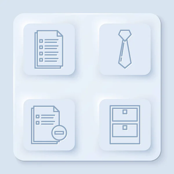 Définir la ligne Document de fichier, Cravate, Document avec tiroir moins et documents d'archives. Bouton carré blanc. Vecteur — Image vectorielle
