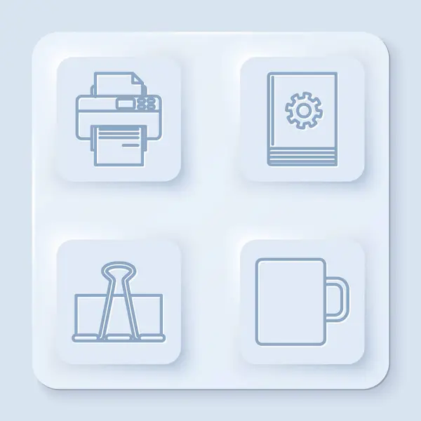 Set lijn Printer, gebruikershandleiding, Binder clip en koffiebeker. Witte vierkante knop. Vector — Stockvector
