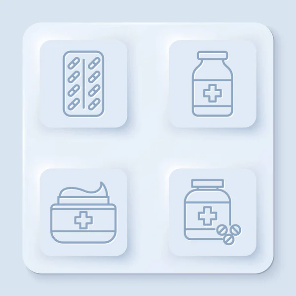 Set baris Pil dalam blister pack, Botol Kedokteran, obat tabung krim salep dan botol dan pil obat-obatan. Tombol persegi putih. Vektor - Stok Vektor