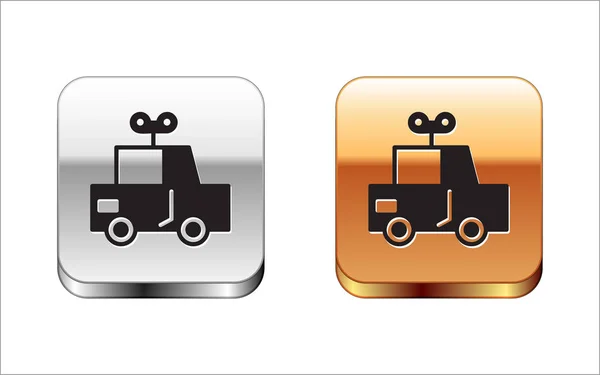 Schwarzes Spielzeugauto-Symbol isoliert auf weißem Hintergrund. Silber-Gold quadratischer Knopf. Vektorillustration — Stockvektor
