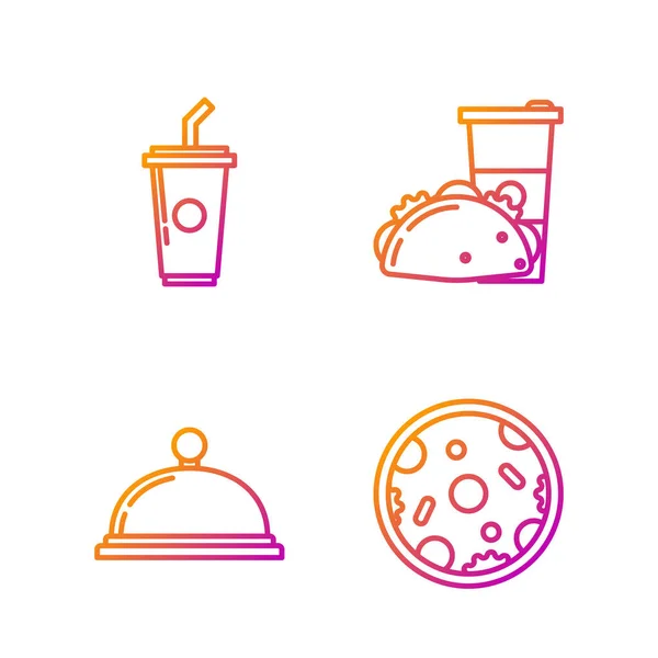 Set Line Pizza Cubierto Con Una Bandeja Comida Vaso Papel — Vector de stock