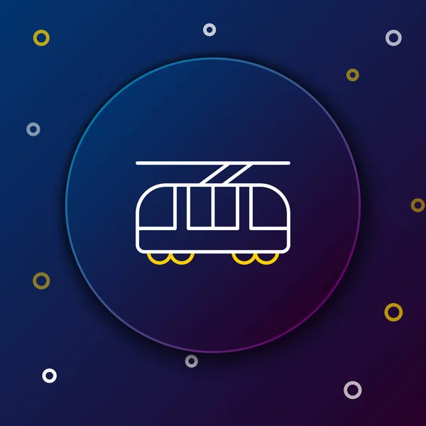 Ligne Blanche Jaune Tram Icône Ferroviaire Isolés Sur Fond Bleu — Image vectorielle
