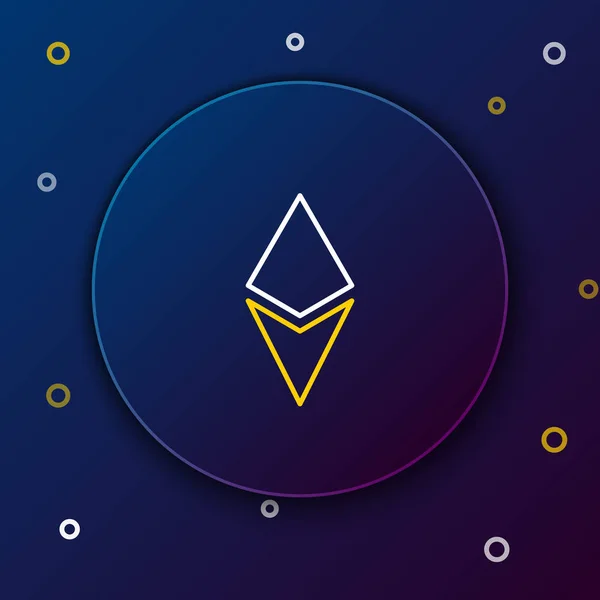 Weiß-gelbe Linie Kryptowährungsmünze Ethereum mit einem Symbol auf dunkelblauem Hintergrund. Altmünzsymbol. Blockchain-basierte sichere Kryptowährung. Buntes Rahmenkonzept. Vektorillustration — Stockvektor