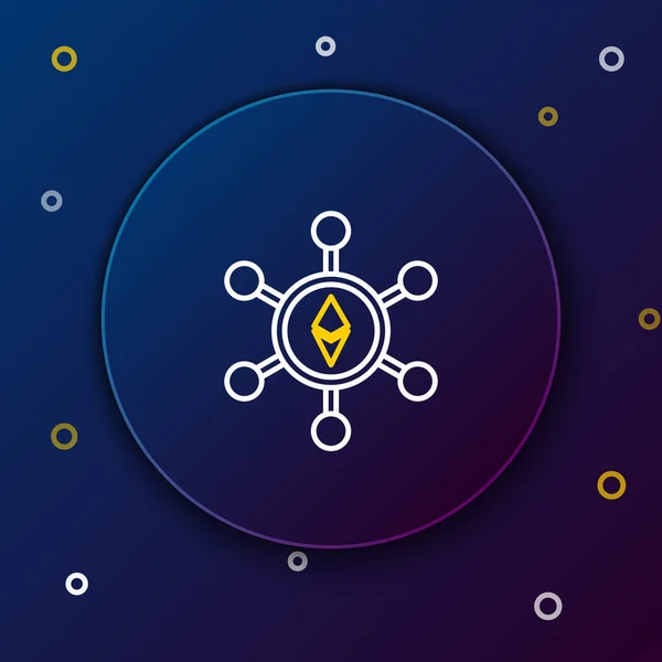 Línea blanca y amarilla Tecnología Blockchain Icono de Ethereum ETH sobre fondo azul oscuro. Negocio abstracto de tecnología de red de cadena de bloques geométricos. Concepto de esquema colorido. Ilustración vectorial — Vector de stock