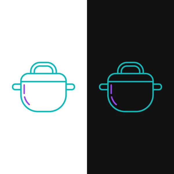 绿色和紫色线条烹饪壶图标孤立在白色和黑色背景 蒸煮或炖煮食品的象征 病媒图解 — 图库矢量图片