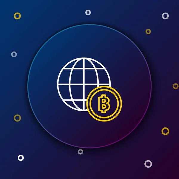 White and yellow line Globe and cryptocurrency coin Bitcoin icon on dark blue background. Physical bit coin. Blockchain based secure crypto currency. Colorful outline concept. Vector Illustration — Stock Vector