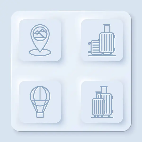 设置线路图指针与山，套房旅行，热气球和套房旅行。 白色正方形按钮。 B.病媒 — 图库矢量图片
