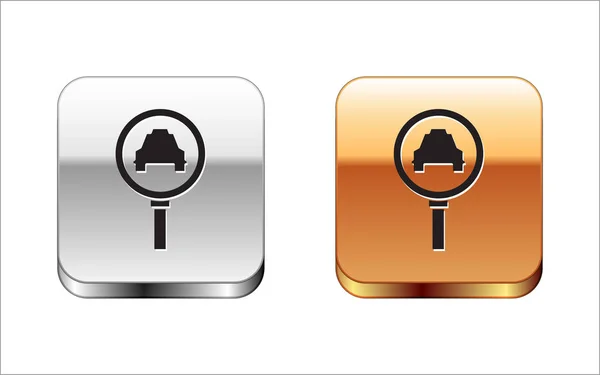 Schwarze Lupe und Taxifahrzeugsymbol isoliert auf weißem Hintergrund. Taxisuche. Silber-Gold quadratischer Knopf. Vektorillustration — Stockvektor