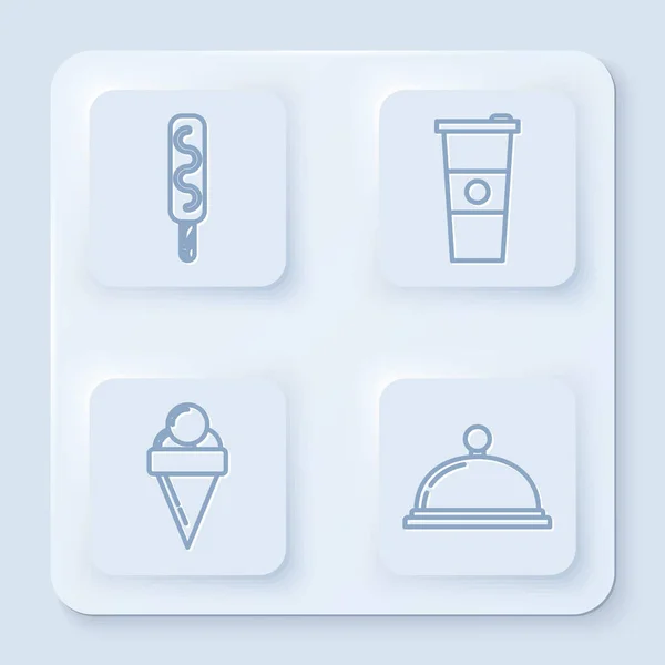 Dondurma, kağıt bardak ve su, waffle külahında dondurma ve bir tepsi yemekle kaplı. Beyaz kare düğme. Vektör — Stok Vektör