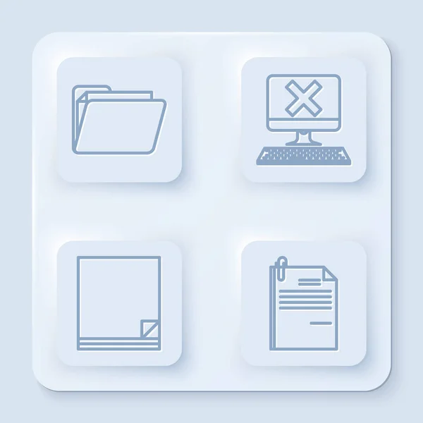 Set line Document folder, Computer with keyboard and x mark, File document and File document and paper clip. White square button. Vector — Stock Vector