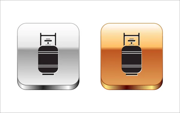 Fekete propán gáz tartály ikon elszigetelt fehér alapon. Gyúlékony gáztartály ikon. Ezüst-arany négyzet gomb. Vektorillusztráció — Stock Vector