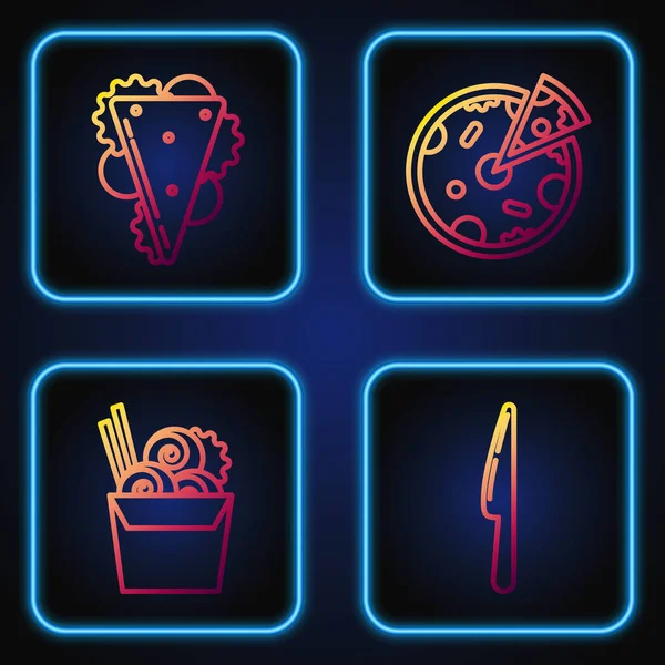 Set line Cuchillo, Fideos asiáticos en caja de papel y palillos, Sandwich y Pizza. Iconos de color degradado. Vector — Vector de stock