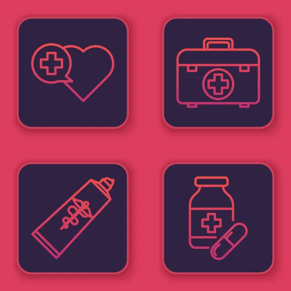 Set line Heart with a cross, Ointment cream tube medicine, First aid kit and Medicine bottle and pills. Blue square button. Vector — Stok Vektör