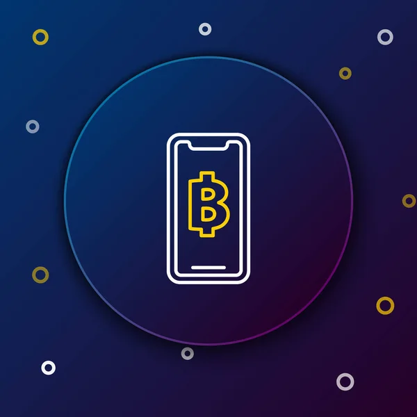 Linha branca e amarela Telefone celular e criptomoeda moeda ícone Bitcoin no fundo azul. Moeda física. Blockchain baseado em moeda criptomoeda segura. Conceito de esboço colorido. Ilustração vetorial — Vetor de Stock