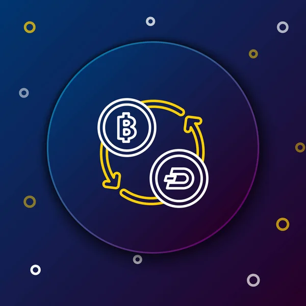 White and yellow line Cryptocurrency exchange icon on dark blue background. Bitcoin to Dash exchange icon. Cryptocurrency technology, mobile banking. Colorful outline concept. Vector Illustration — Stock Vector