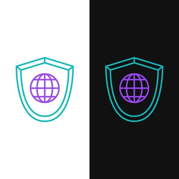 Green Purple Line Shield World Globe Icon Isolated White Black — Stock Vector