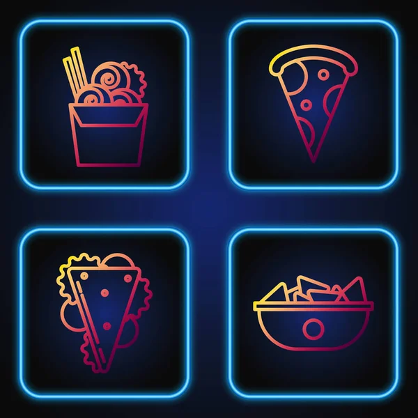 Установить линию начос в тарелке, сэндвич, азиатская лапша в бумажной коробке и палочки для еды и ломтик пиццы. Градиентные цветные иконки. Вектор — стоковый вектор