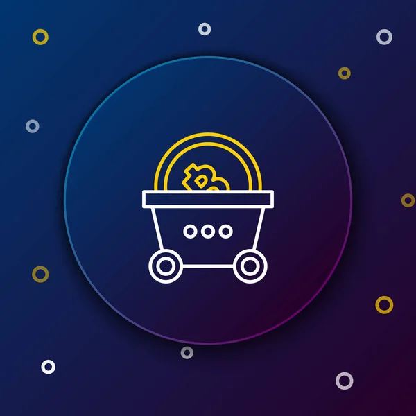 Vit och gul linje Shopping korg med bitcoin ikon på mörkblå bakgrund. Blockkedjeteknik, kryptovalutautvinning, digital penningmarknad. Färgstarkt skisskoncept. Vektor Illustration — Stock vektor