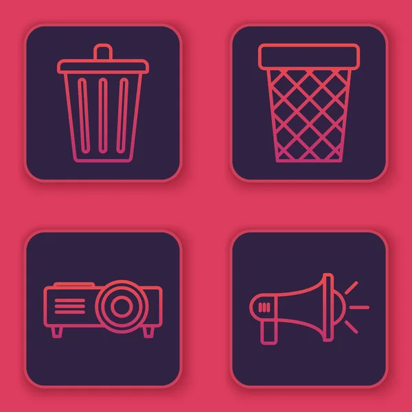 Встановіть лінію Trash can, Presentation, film, film, media productor, Trash can і Megaphone. Синя квадратна кнопка. Вектор — стоковий вектор