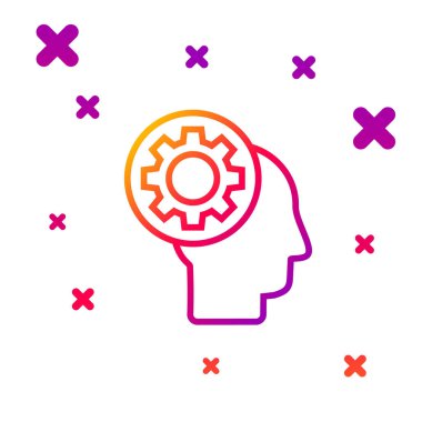 Beyaz arka planda izole edilmiş ikon içindeki teçhizatla insan kafası renk çizgisi. Yapay zeka. Beyin işaretini düşünüyorum. Beynin sembol çalışması. Kademeli rastgele dinamik şekiller. Vektör İllüstrasyonu