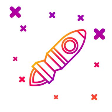 Beyaz arka planda izole edilmiş ateş ikonlu renkli roket gemisi. Uzay yolculuğu. Kademeli rastgele dinamik şekiller. Vektör İllüstrasyonu