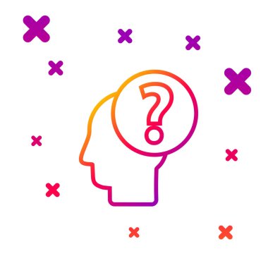 Beyaz arkaplanda soru işareti simgesi olan renk çizgisi insan kafası. Kademeli rastgele dinamik şekiller. Vektör İllüstrasyonu