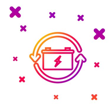 Beyaz arkaplanda izole edilmiş geri dönüşüm sembolü simgesi olan renk çizgisi pili. Geri dönüşüm sembollü pil - yenilenebilir enerji konsepti. Kademeli rastgele dinamik şekiller. Vektör İllüstrasyonu