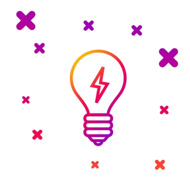 Beyaz arkaplanda izole edilmiş yıldırım sembollü renkli ampul. Lamba ışığı. Fikir sembolü. Kademeli rastgele dinamik şekiller. Vektör İllüstrasyonu