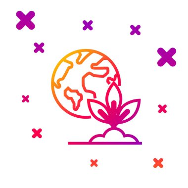 Renk çizgisi Dünya küresi ve bitki simgesi beyaz arka planda izole edildi. Dünya ya da Dünya işareti. Geometrik şekiller. Çevresel konsept. Kademeli rastgele dinamik şekiller. Vektör İllüstrasyonu