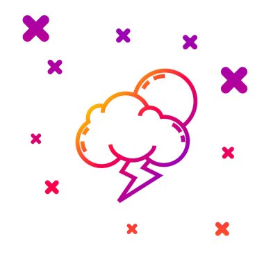 Beyaz arkaplanda renk çizgisi Storm simgesi izole edildi. Şimşek ve güneş işaretli bir bulut. Fırtınanın hava durumu ikonu. Kademeli rastgele dinamik şekiller. Vektör İllüstrasyonu