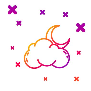 Beyaz arka planda izole edilmiş ay ve yıldız ikonlu renk çizgisi Bulutu. Bulutlu gece işareti. Uyku rüyalarının sembolü. Gece ya da yatak zamanı tabelası. Kademeli rastgele dinamik şekiller. Vektör İllüstrasyonu