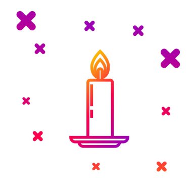 Beyaz arkaplanda izole edilmiş renkli mum yakma çizgisi. Eski moda yanan mum. Silindirik mum çubuğu ve yanan ateş. Kademeli rastgele dinamik şekiller. Vektör İllüstrasyonu