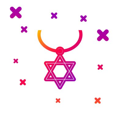 Beyaz arkaplanda izole edilmiş bir simge üzerindeki renk çizgisi David 'in Yıldızı kolyesi. Yahudi dini sembolü. İsrail 'in sembolü. Mücevher ve aksesuar. Kademeli rastgele dinamik şekiller. Vektör İllüstrasyonu