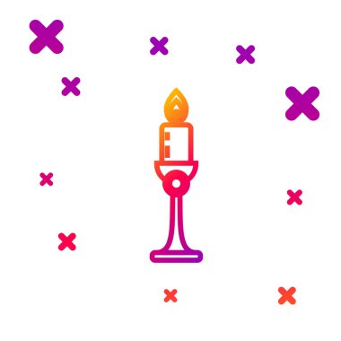 Beyaz arkaplanda izole edilmiş renkli mum yakma çizgisi. Eski moda yanan mum. Silindirik mum çubuğu ve yanan ateş. Kademeli rastgele dinamik şekiller. Vektör İllüstrasyonu