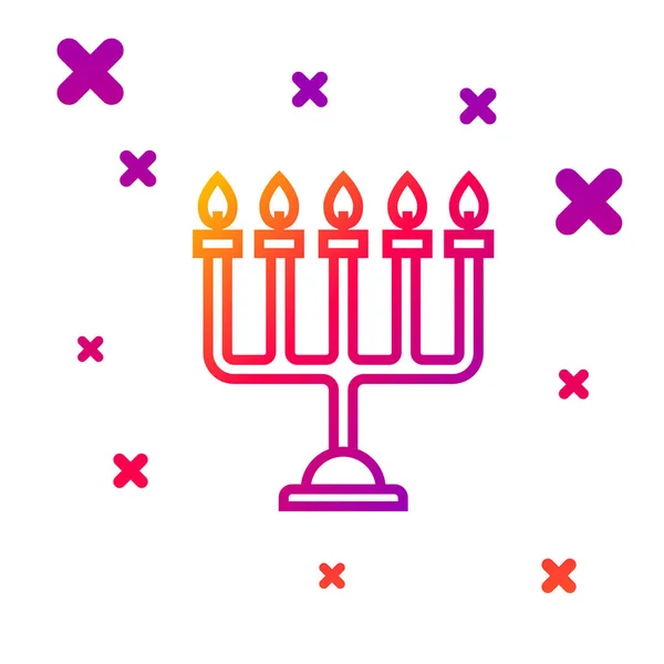 Linha de cores Hanukkah ícone menorah isolado no fundo branco. Símbolo tradicional Hanukkah. Religião de férias, festival judaico de Luzes. Gradiente formas dinâmicas aleatórias. Ilustração vetorial — Vetor de Stock