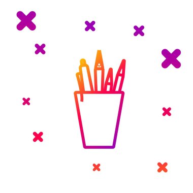 Beyaz arkaplanda izole edilmiş renkli kalem kutusu kırtasiyesi simgesi. Kalem, kalem, cetvel. Kademeli rastgele dinamik şekiller. Vektör İllüstrasyonu