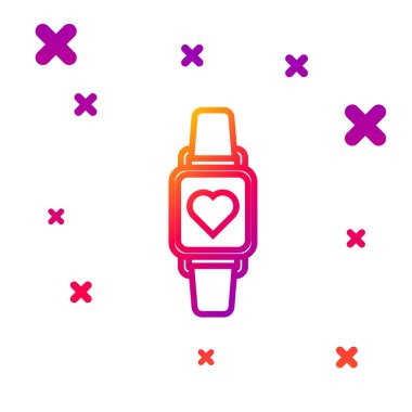 Renk çizgisi Beyaz zemin üzerinde kalp atış hızı simgesini gösteren akıllı saat. Fitness uygulaması konsepti. Kademeli rastgele dinamik şekiller. Vektör İllüstrasyonu