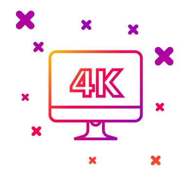 Beyaz arkaplanda izole edilmiş 4k video teknolojisi ikonu ile renkli çizgi Bilgisayar Pc monitörü görüntüsü. Kademeli rastgele dinamik şekiller. Vektör İllüstrasyonu