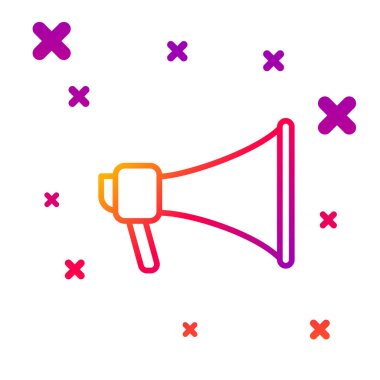 Beyaz arkaplanda izole edilmiş renk çizgisi Megafon simgesi. Sözcü işareti. Kademeli rastgele dinamik şekiller. Vektör İllüstrasyonu