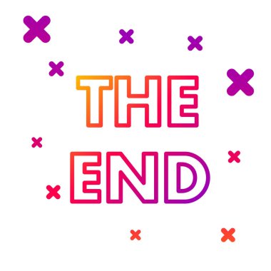 Renk satırı The End el yazısı yazı simgesi beyaz arkaplanda izole edildi. Film karesi kapanıyor. Filmin sonu ekranı. Kademeli rastgele dinamik şekiller. Vektör İllüstrasyonu