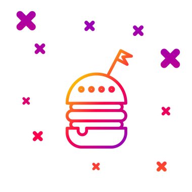 Beyaz arkaplanda izole edilmiş renkli Burger simgesi. Hamburger ikonu. Çizburger sandviç tabelası. Fast food menüsü. Kademeli rastgele dinamik şekiller. Vektör İllüstrasyonu