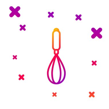 Beyaz arkaplanda renk çizgisi Mutfak çırpma simgesi izole edildi. Mutfak aletleri, yumurta çırpıcı. Çatal bıçak seti. Yemek karışımı sembolü. Kademeli rastgele dinamik şekiller. Vektör İllüstrasyonu