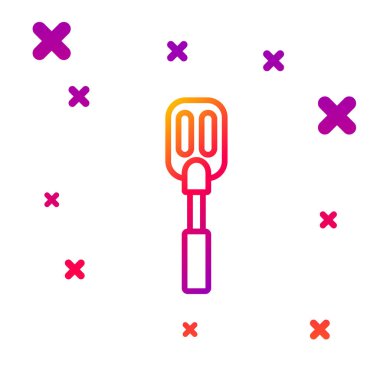 Beyaz arkaplanda izole edilmiş renk çizgisi Spatula simgesi. Mutfak spatula ikonu. Bbq spatula işareti. Barbekü ve ızgara aleti. Kademeli rastgele dinamik şekiller. Vektör İllüstrasyonu