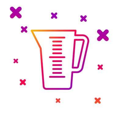 Beyaz zemin üzerinde izole edilmiş kuru ve sıvı yiyecek ikonunu ölçmek için renk çizgisi ölçme kabı. Plastik şişenin sapı var. Kademeli rastgele dinamik şekiller. Vektör İllüstrasyonu