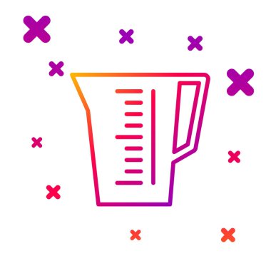 Beyaz zemin üzerinde izole edilmiş kuru ve sıvı yiyecek ikonunu ölçmek için renk çizgisi ölçme kabı. Plastik şişenin sapı var. Kademeli rastgele dinamik şekiller. Vektör İllüstrasyonu