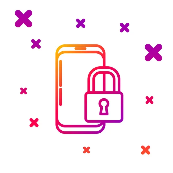 Línea de color Smartphone con el icono de candado cerrado aislado sobre fondo blanco. Teléfono con llave. Seguridad móvil, seguridad, concepto de protección. Gradiente formas dinámicas aleatorias. Ilustración vectorial — Vector de stock