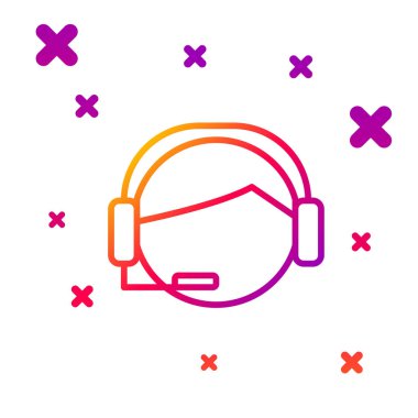 Beyaz arkaplanda izole edilmiş bir kulaklık simgesi olan renk çizgisi adamı. Destek operatörü hatta. Çağrı merkezi konsepti, müşteri destek servisi. Kademeli rastgele dinamik şekiller. Vektör İllüstrasyonu