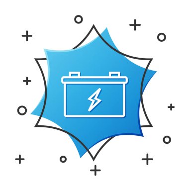 White line Car battery icon isolated on white background. Accumulator battery energy power and electricity accumulator battery. Blue hexagon button. Vector Illustration