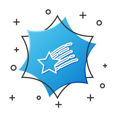 Beyaz çizgi düşen yıldız simgesi beyaz arkaplanda izole edildi. Yıldız izi ile kayan yıldız. Göktaşı, göktaşı, kuyruklu yıldız, asteroid, yıldız ikonu. Mavi altıgen düğmesi. Vektör İllüstrasyonu